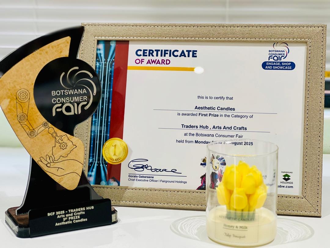 Aesthetic Candles First Prize certificate and trophy at Botswana Consumer Fair 2025